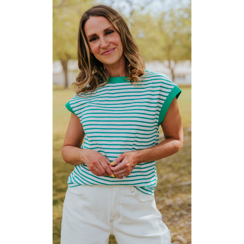 She + Sky Green White Striped Knit Ringer Cap Sleeve Top Small